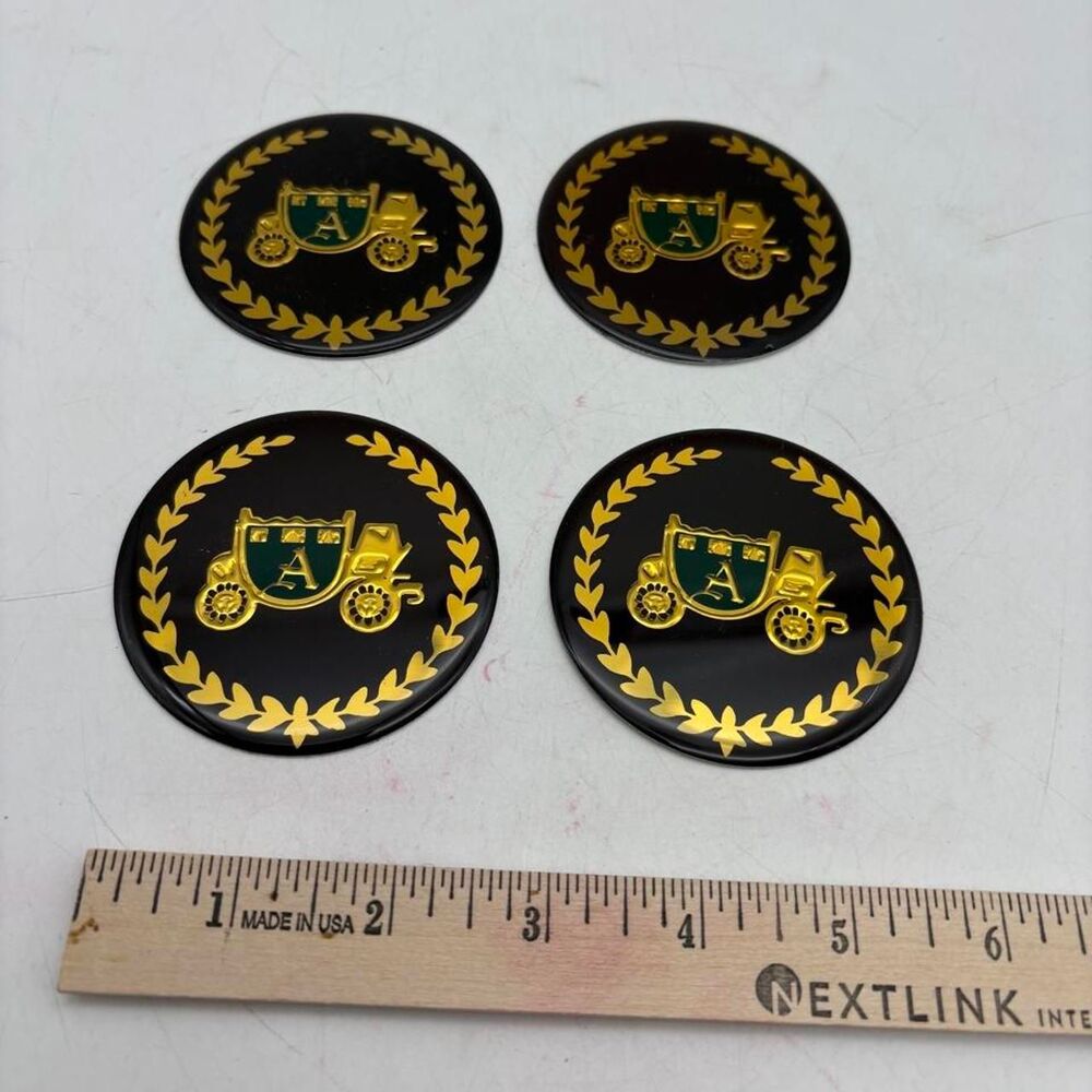 Vintage Carriage A Crest Wheel Center Cap Emblems Black Gold Set of 4